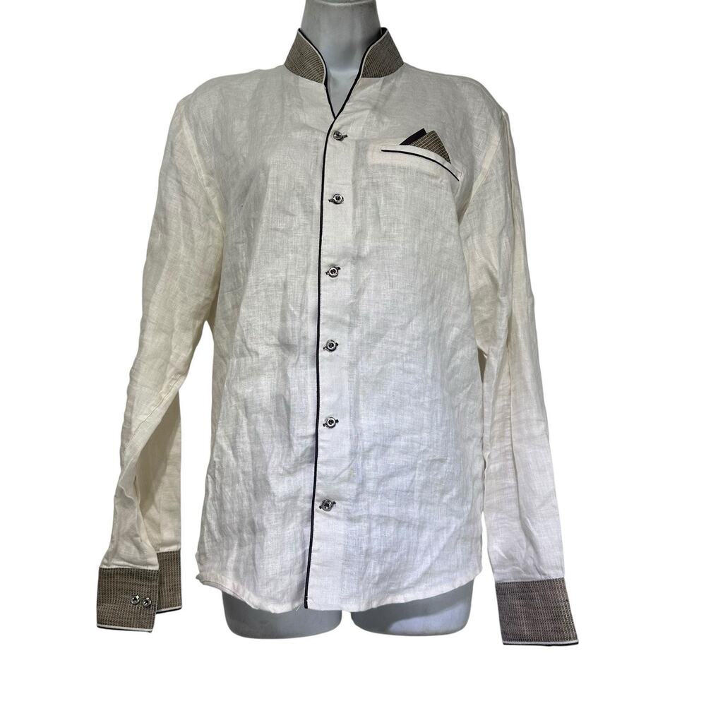 Mebaz Linen Shirt Mens M 38cm Beige Tan 100% Linen Spread Mehndi Baraat Sangeet